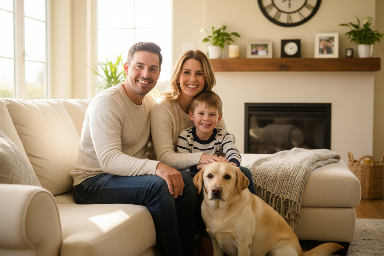 una familia tradicional estereotipo esposos hijo y perro labrador