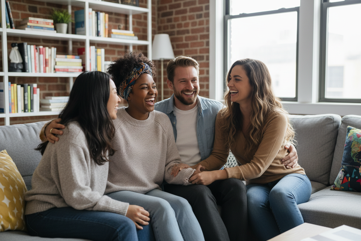 una relacion abierta opuesta al estereotipo tradicional tres mujeres y un hombre de varias razas y culturas